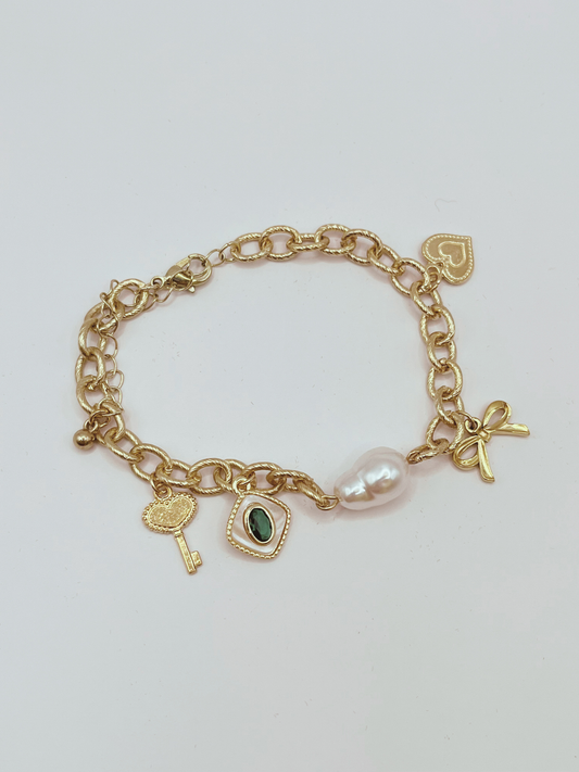 Golden Charm Bracelet with a Green Stone Charm