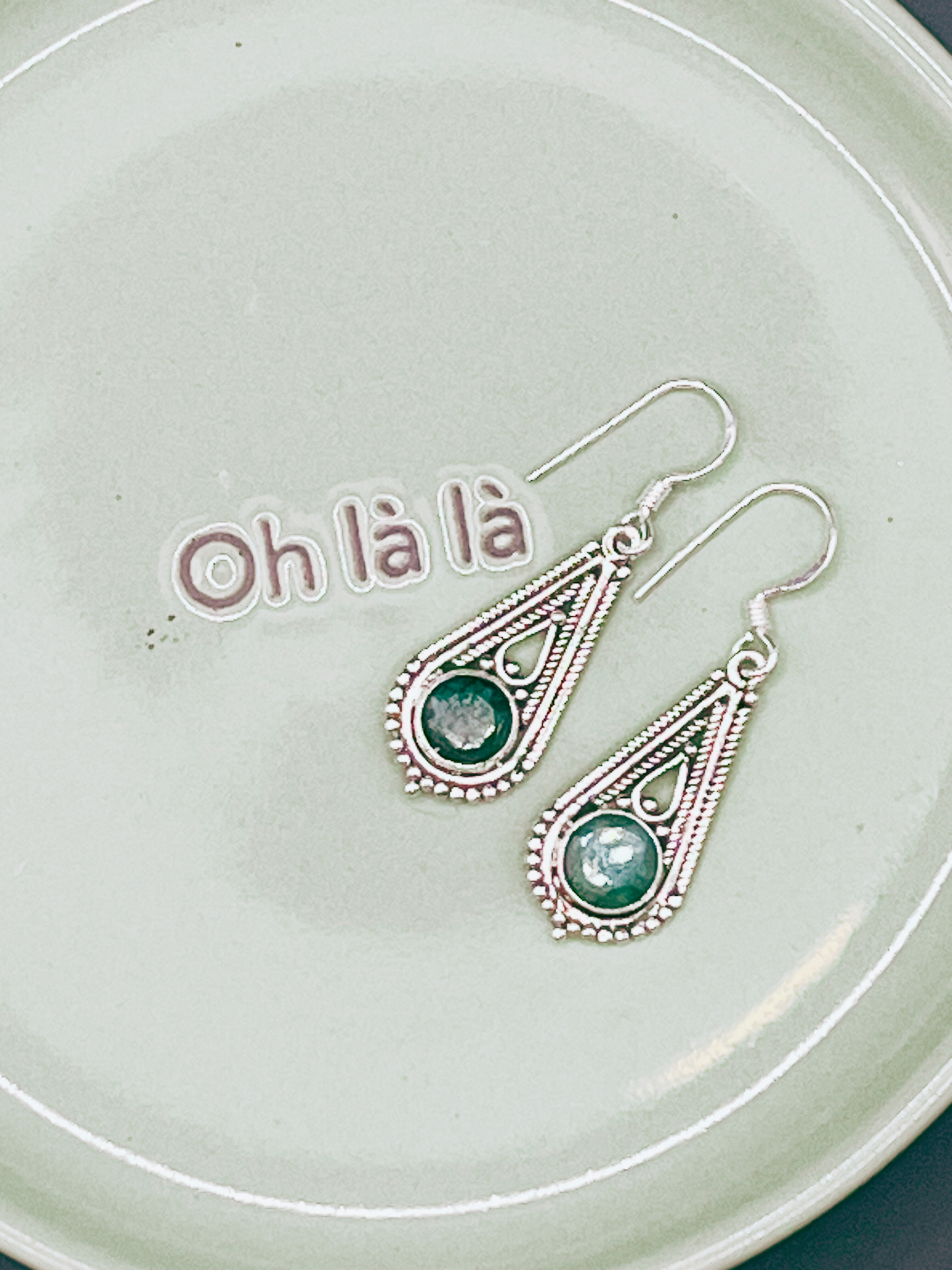 Sterling Silver Tear Drop Earrings with Green Natural Stone