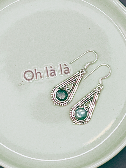 Sterling Silver Tear Drop Earrings with Green Natural Stone