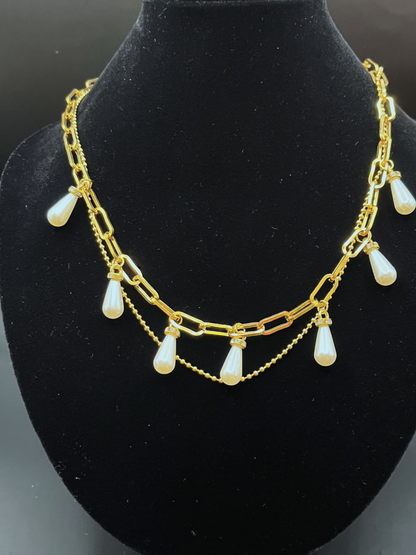 Double Stranded Necklace with Pearly Teardrops