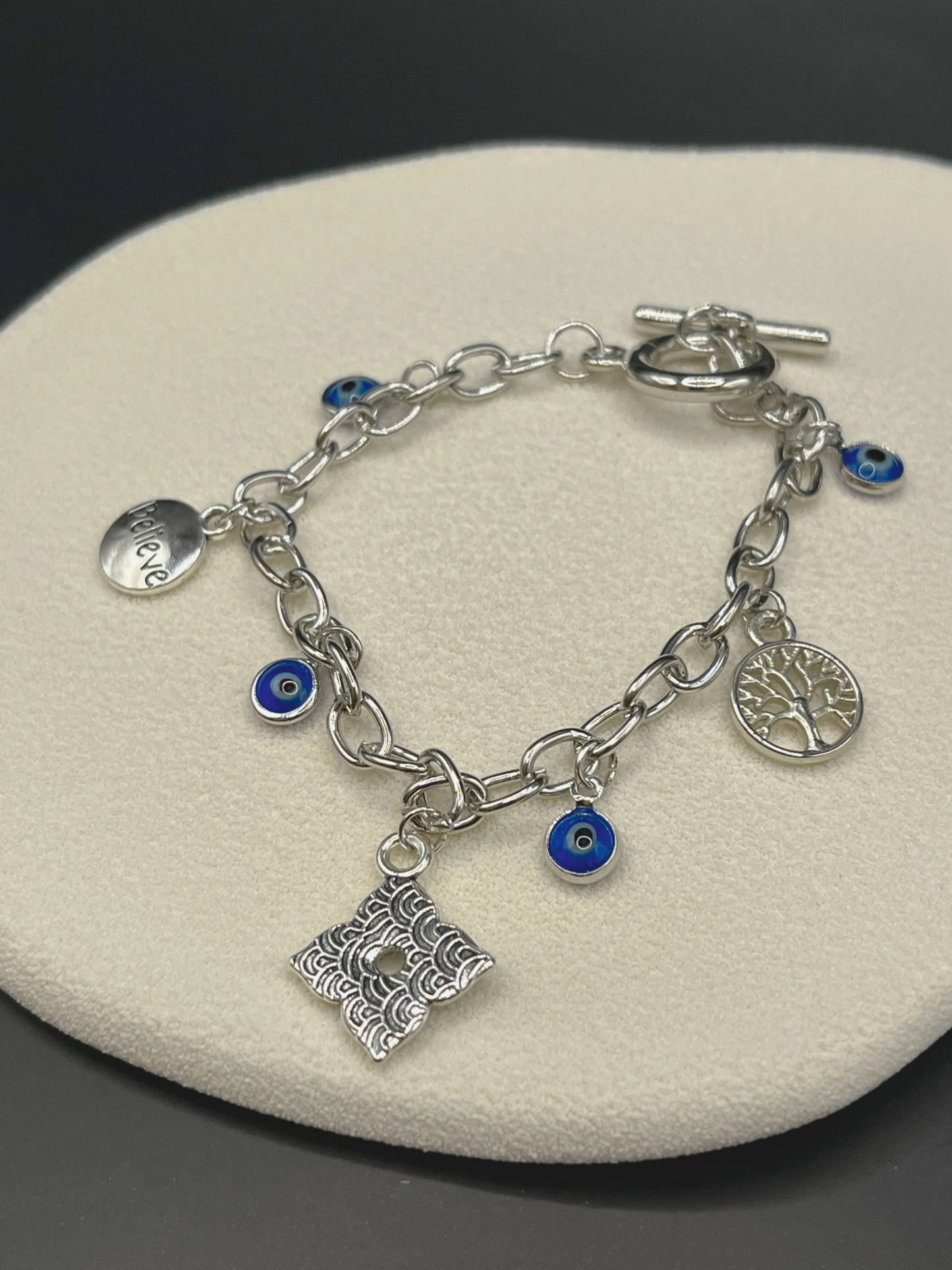 Silvery Charm Bracelet with Evil Eyes