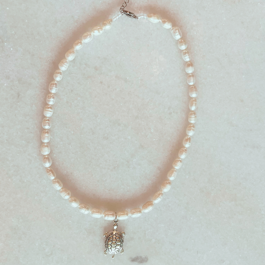 Fresh Water Pearl Necklace with Silver Turtle Charm