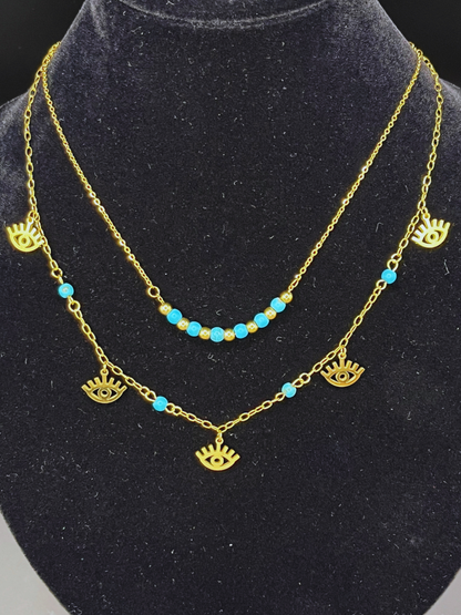 Turquoise and Evil Eye Charm Double Stranded Necklace