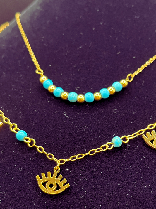 Turquoise and Evil Eye Charm Double Stranded Necklace