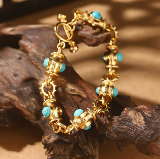 Vintage Boho 18K Gold Plated Alloy Bracelet with Turquoise Insets
